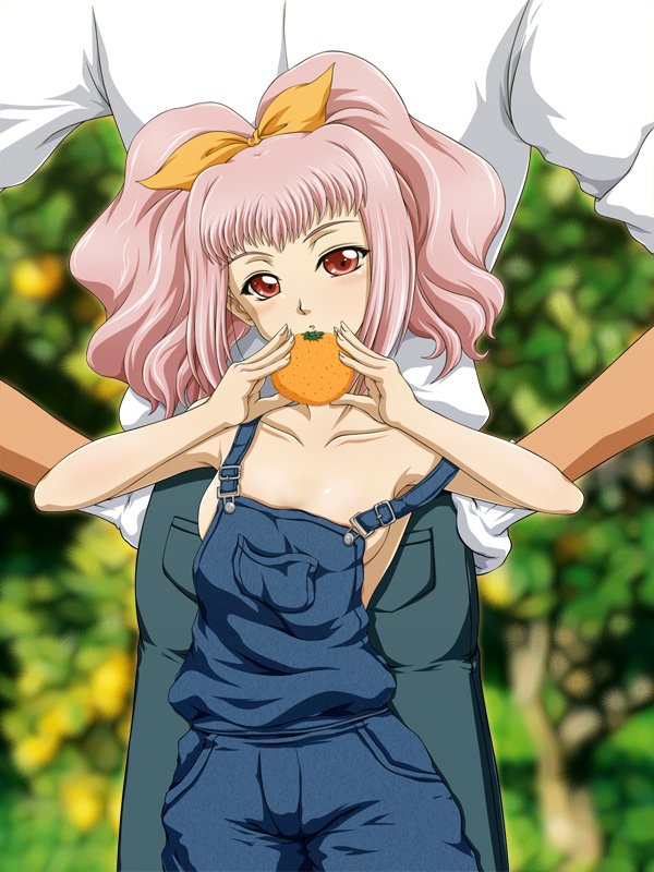 tanan, anya alstreim, jeremiah gottwald, code geass, 00s, 1boy, 1girl, ass, back-to-back, blush, breasts, farm, food, fruit, holding, holding food, holding fruit, naked overalls, no bra, orange (fruit), outdoors, overalls, pink hair, red eyes, sideboob, small breasts, twintails