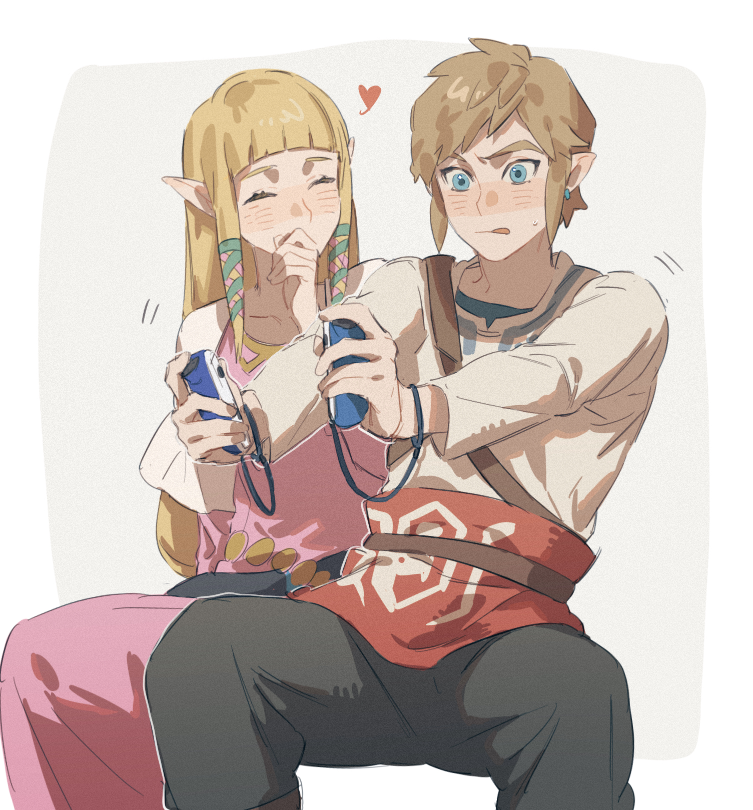 sumooo (ga ilil), link, princess zelda, nintendo, the legend of zelda, the legend of zelda: skyward sword, commentary, highres, symbol-only commentary, 1boy, 1girl, black pants, blue eyes, blush, brown hair, closed eyes, joy-con, laughing, licking lips, pants, playing games, pointy ears, shirt, short hair, sidelocks, sitting, tongue, tongue out, white shirt