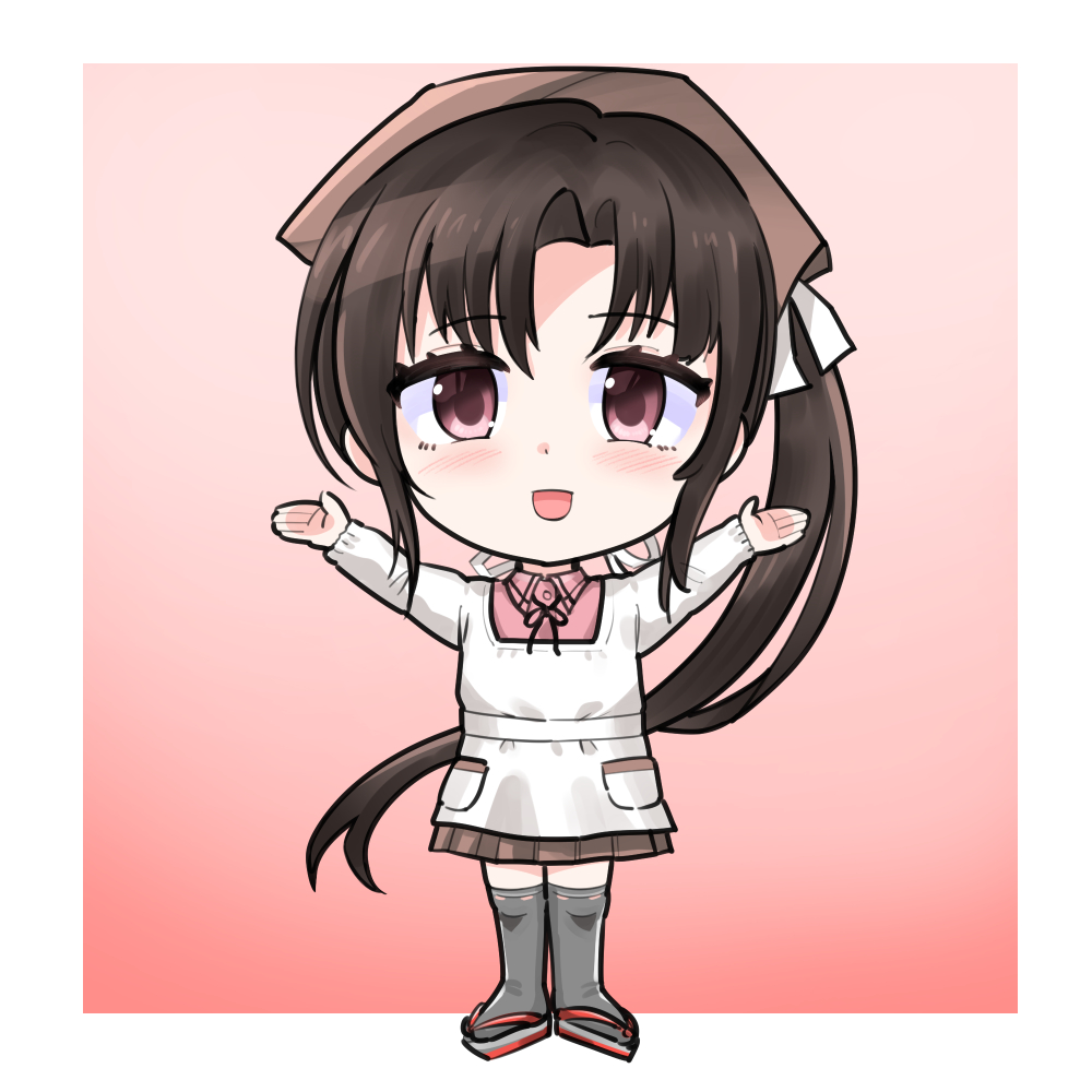 noba (ne83ko61), nankai (kancolle), nosaki (kancolle), kantai collection, 1girl, apron, black hair, boots, brown skirt, collared shirt, deformed, full body, gradient background, kappougi, outstretched arms, pink background, pink shirt, red eyes, shirt, side ponytail, skirt, solo, standing