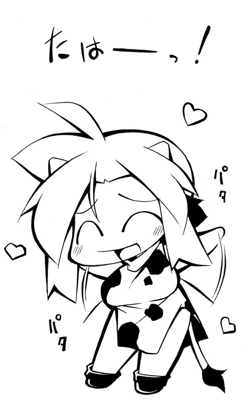 uccow, 1girl, animal ears, animal print, chibi, cow girl, cow print, female focus, greyscale, horns, monochrome, solo, tail