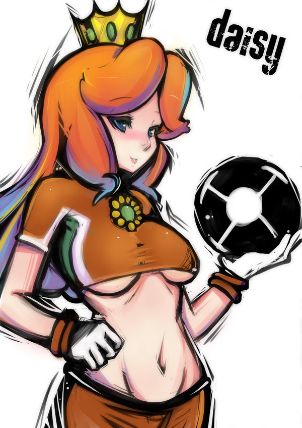 sho-n-d, princess daisy, striker daisy, mario (series), mario strikers (series), mario strikers charged, nintendo, super mario bros. 1, super mario land, super mario strikers, 1girl, ball, blue eyes, blush, breasts, crop top, crown, female focus, gloves, groin, jewelry, long hair, looking at viewer, midriff, navel, orange hair, pendant, red hair, shirt, simple background, smile, soccer, soccer ball, solo, sportswear, taut clothes, taut shirt, underboob