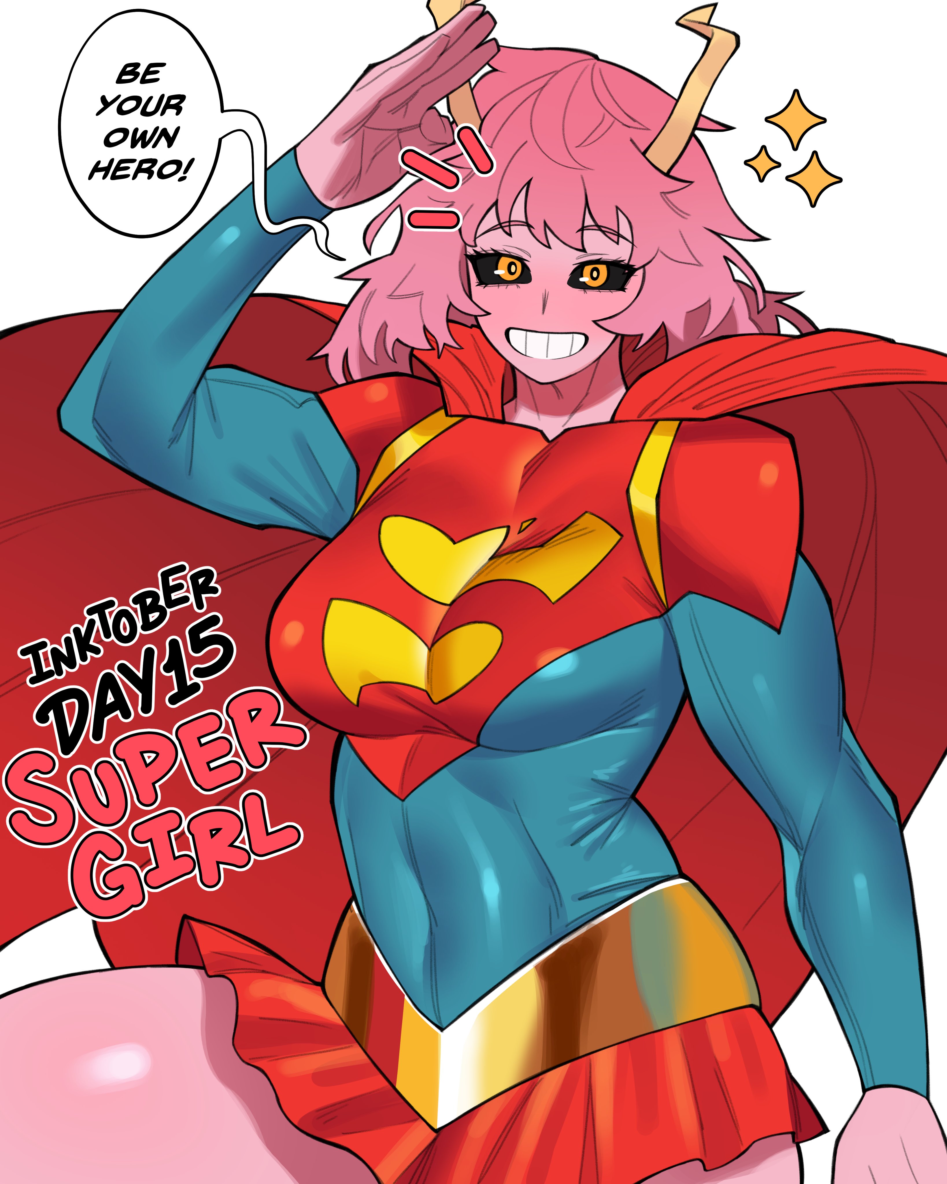 loopvoid, ashido mina, supergirl, boku no hero academia, dc comics, 1girl, breasts, cape, colored skin, cosplay, english text, female focus, grin, horns, large breasts, looking at viewer, messy hair, pink hair, pink skin, red cape, red skirt, skirt, smile, solo, speech bubble, supergirl (cosplay), superhero costume, teeth, yellow horns