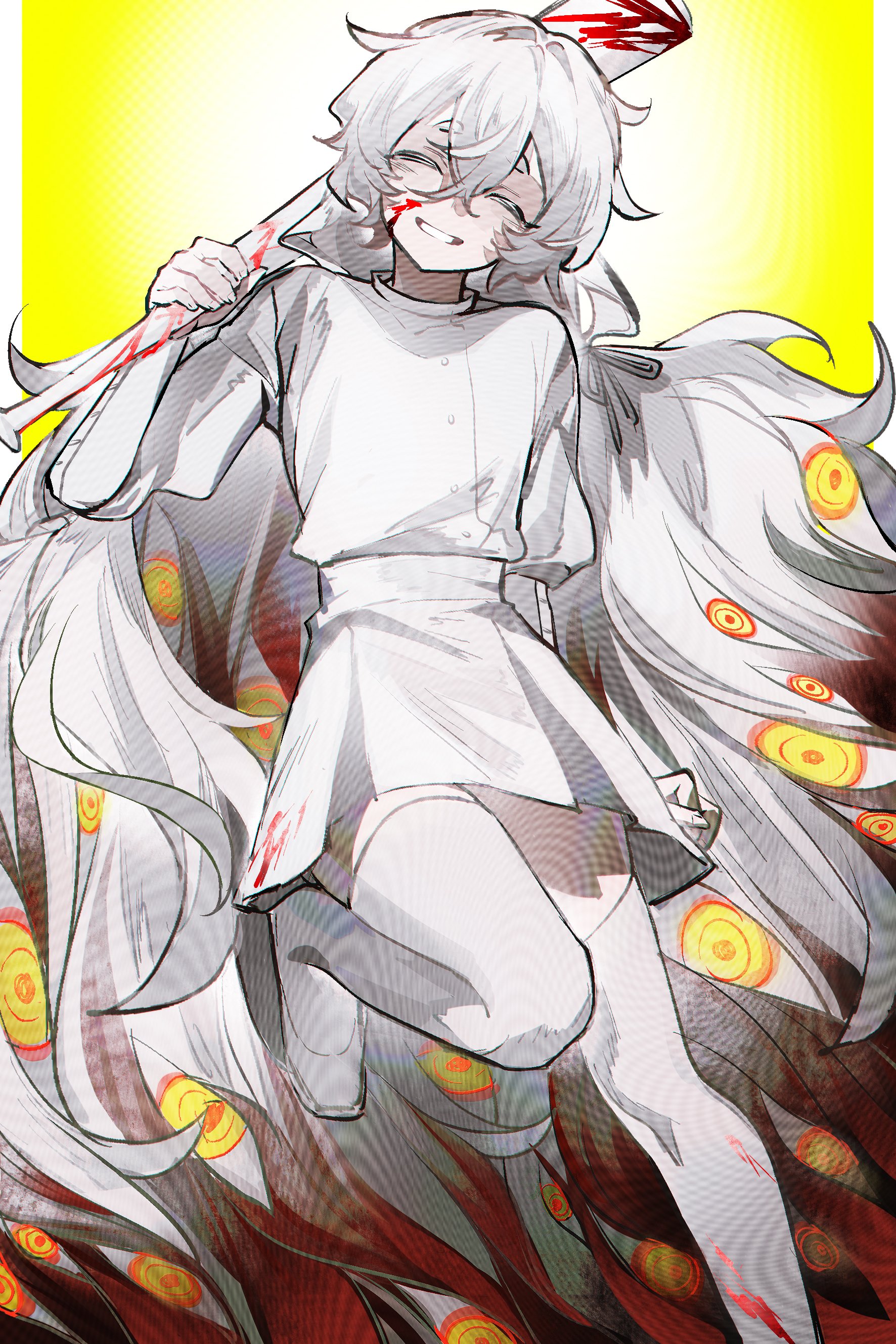 jsjdndhidnshssj, charlotte wiltshire, hello charlotte, absurdres, commentary, hashtag-only commentary, highres, 1girl, ^ ^, closed eyes, crossed bangs, double-parted bangs, dress, facing viewer, foot out of frame, grin, hair between eyes, hair ribbon, long hair, long sleeves, outside border, pillarboxed, ribbon, shoes, smile, solo, standing, standing on one leg, thick eyebrows, thighhighs, white dress, white hair, white ribbon, white shoes, white thighhighs, yellow background