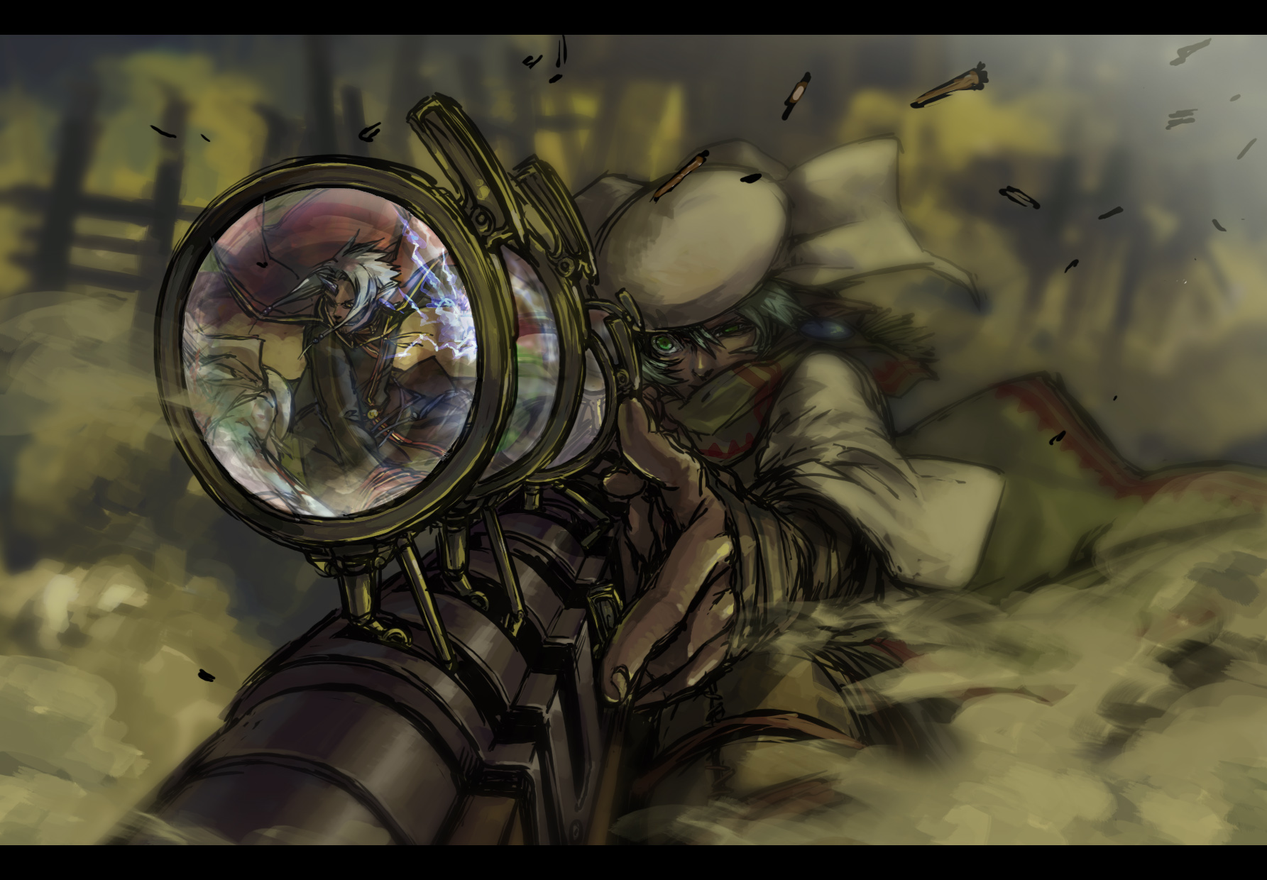 aka gan k, akagishi k, pixiv fantasia, pixiv fantasia 3, sniper, commentary request, highres, translation request, 1girl, blue hair, coat, dust, female focus, green eyes, green hair, gun, hat, letterboxed, matching hair/eyes, rifle, scarf, scope, sniper rifle, solo, steampunk, text focus, weapon