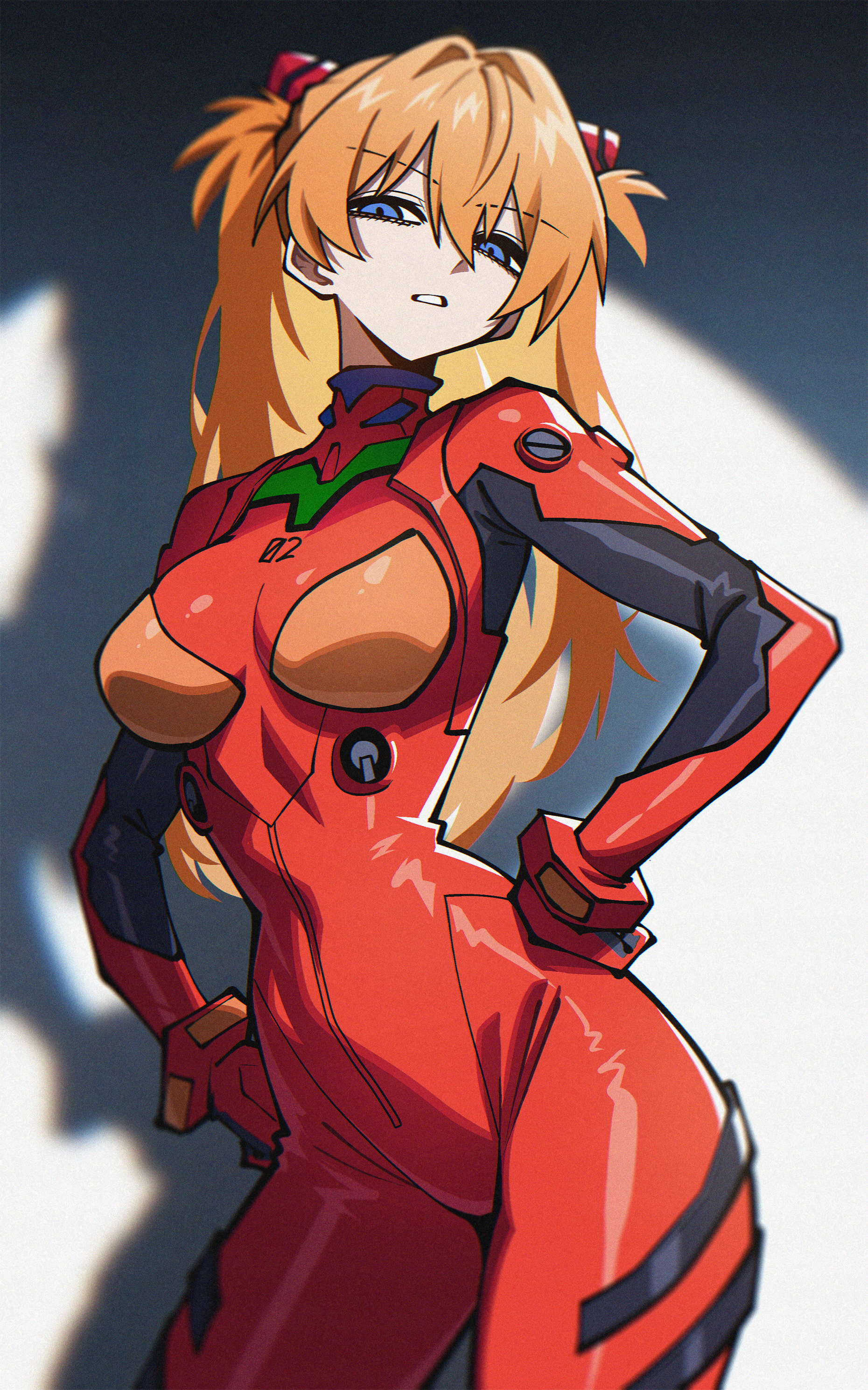 dryegen, souryuu asuka langley, neon genesis evangelion, absurdres, commentary, highres, 1girl, blue eyes, bodysuit, breasts, gloves, long hair, long sleeves, looking at viewer, mecha pilot suit, medium breasts, orange hair, plugsuit (evangelion), red bodysuit, red gloves, solo, standing, two side up