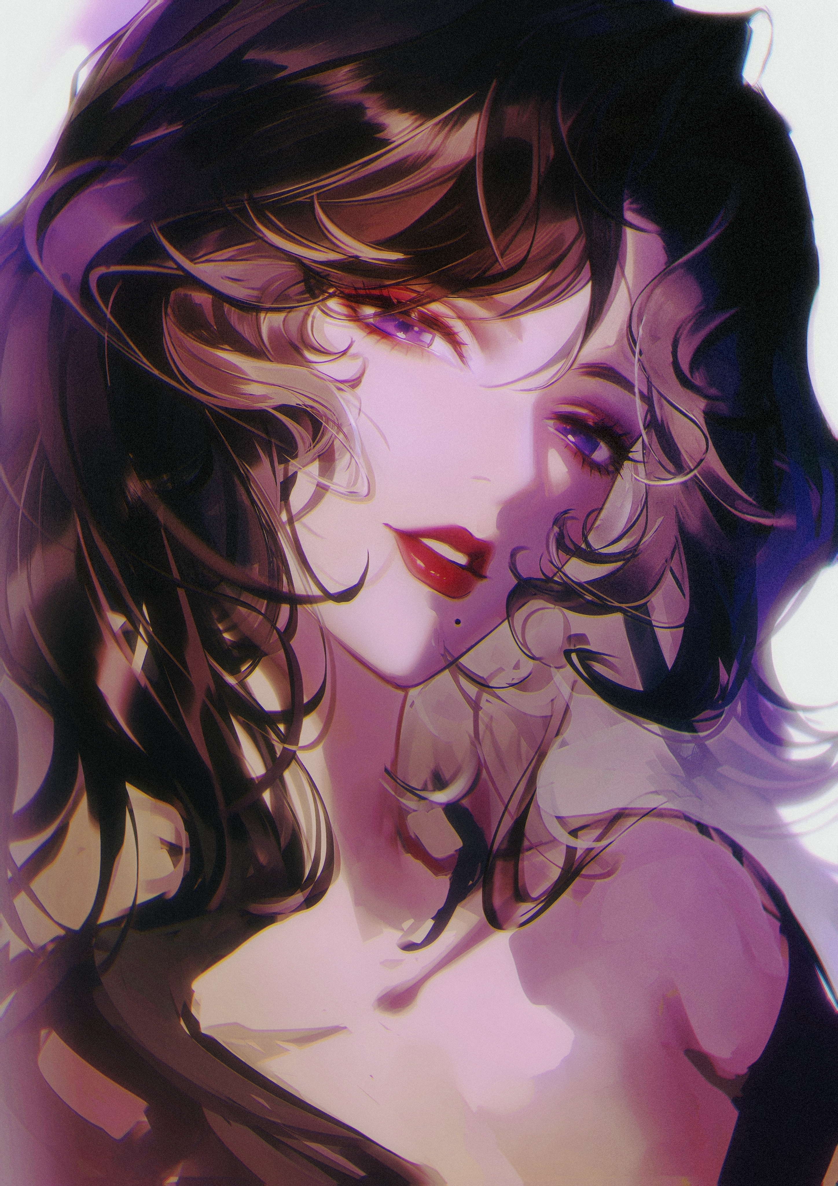 qingci, kisugi rui, cat's eye, absurdres, chinese commentary, commentary, highres, variant set, 1girl, black hair, chromatic aberration, collarbone, curly hair, eyeliner, half-closed eyes, head tilt, long hair, looking at viewer, makeup, mole, mole under mouth, parted lips, purple eyes, red eyeliner, red lips, simple background, single bare shoulder, smile, solo, upper body, white background