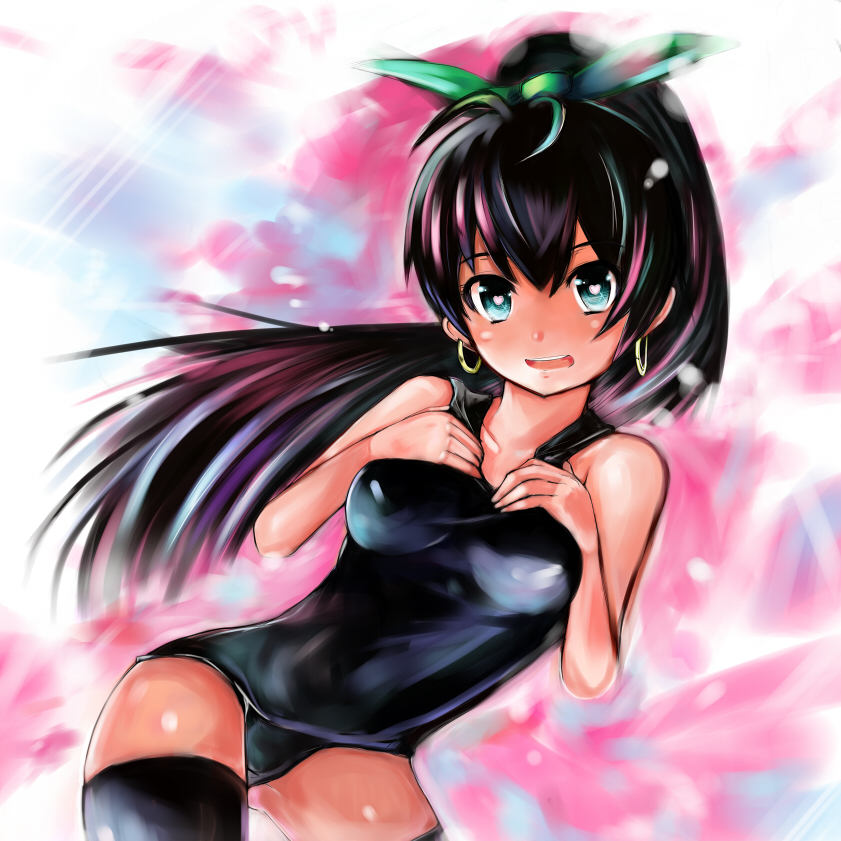 nerotarou, ganaha hibiki, idolmaster, idolmaster (classic), 00s, black hair, black one-piece swimsuit, blue eyes, earrings, hair ribbon, jewelry, one-piece swimsuit, ponytail, ribbon, school swimsuit, solo, swimsuit, thighhighs