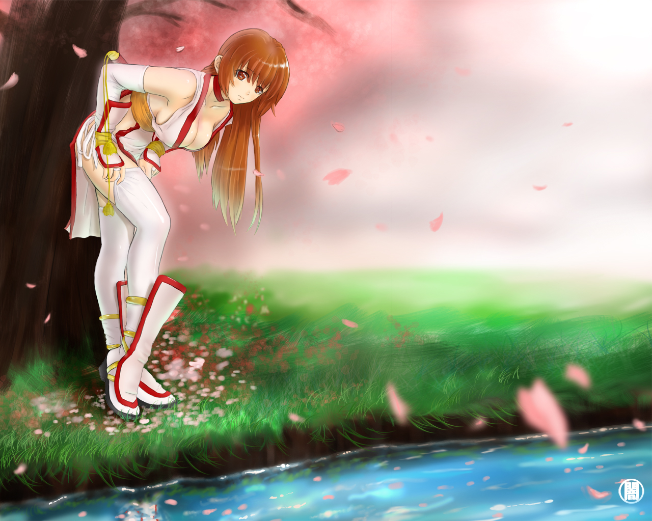 akai yami, kaworu2236, yami (pixiv163439), kasumi (doa), dead or alive, tecmo, 1girl, bare shoulders, breasts, bridal gauntlets, brown eyes, brown hair, cleavage, collarbone, elbow gloves, female focus, fingerless gloves, gloves, grass, long hair, pelvic curtain, petals, pond, red eyes, red hair, solo, sword, thighhighs, water, weapon, zettai ryouiki