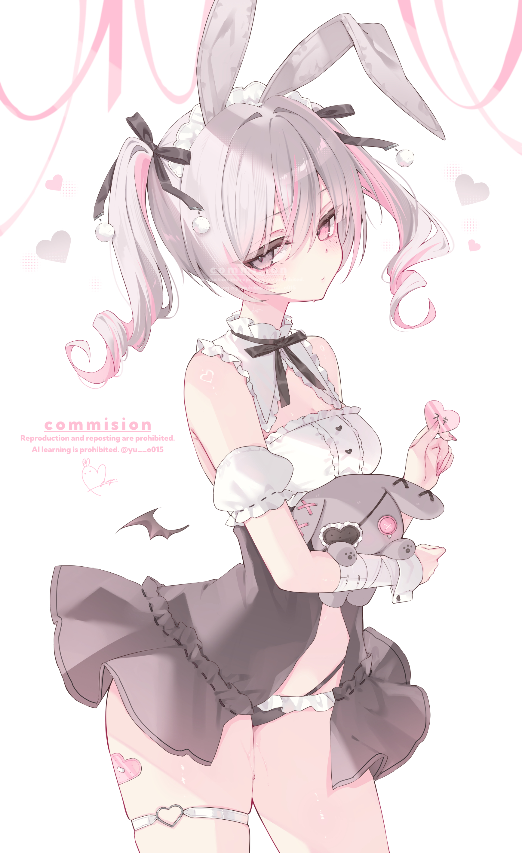 yu o015, original, absurdres, highres, 1girl, bandages, black bow, black bowtie, black panties, bow, bowtie, closed mouth, grey hair, hair bow, hair ornament, holding, holding stuffed toy, long hair, looking at viewer, maid headdress, multicolored hair, panties, pink hair, rabbit hair ornament, skindentation, solo, stuffed animal, stuffed toy, twintails, two-tone hair, underwear, white background