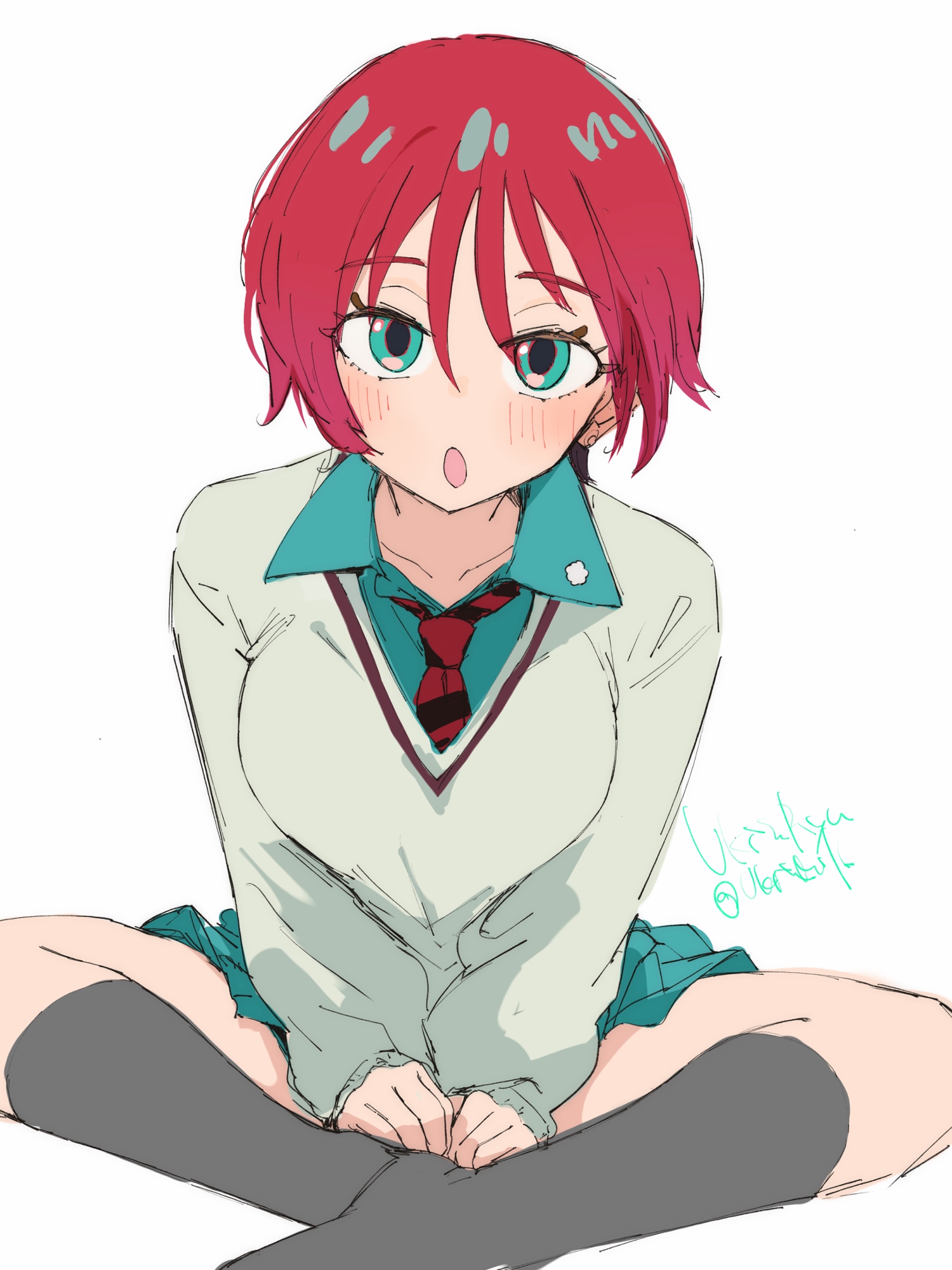 ukitamilk, amate yuzuriha, gundam, gundam gquuuuuux, commentary request, highres, 1girl, :o, aqua eyes, aqua shirt, aqua skirt, artist name, black necktie, blush, breasts, collarbone, collared shirt, diagonal-striped clothes, diagonal-striped necktie, grey socks, indian style, kneehighs, large breasts, long sleeves, looking at viewer, miniskirt, necktie, no nose, open mouth, pleated skirt, red hair, red necktie, school uniform, shirt, short hair, simple background, sitting, skirt, socks, solo, striped clothes, sweater, white background