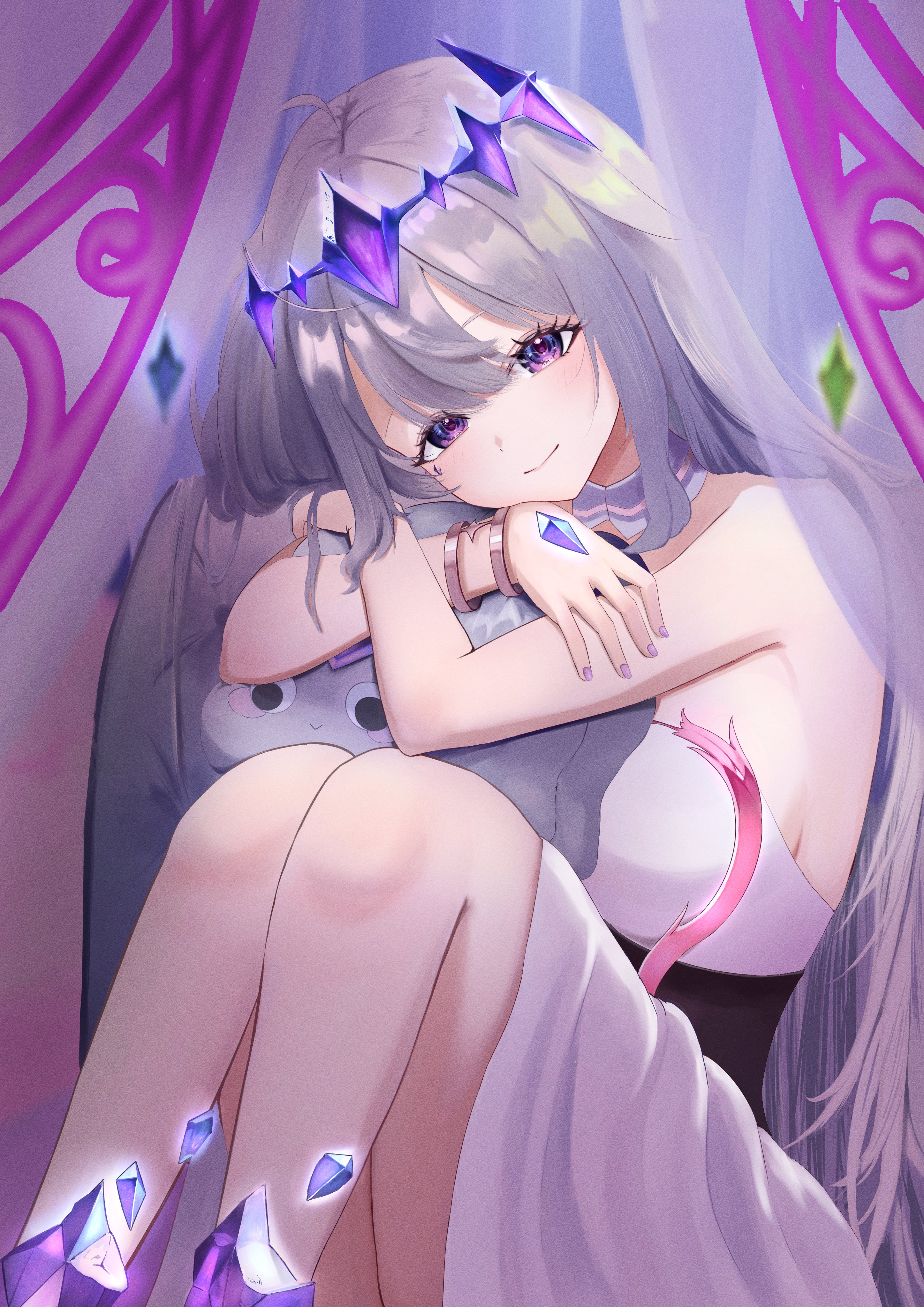 koseki bijou, koseki bijou (1st costume), pebble (koseki bijou), hololive, hololive english, absurdres, commentary, highres, armlet, arms on knees, bluetopaz1049, center-flap bangs, chest jewel, circlet, colored inner hair, detached collar, dress, gem, gradient hair, grey hair, hair flaps, hand jewel, holding, holding pillow, indoors, jewelry, knees up, light smile, long hair, looking at viewer, multicolored hair, pillow, pink hair, pleated dress, purple eyes, purple gem, purple hair, sidelocks, sitting, smile, strapless, strapless dress, two-tone hair, very long hair, virtual youtuber, white dress