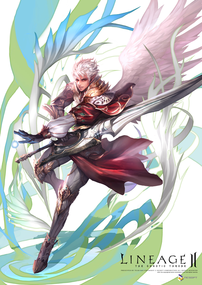 jj (yadz01), kamael, lineage, lineage 2, highres, energy ball, male focus, pointy ears, red eyes, solo, sword, weapon, white hair, wings
