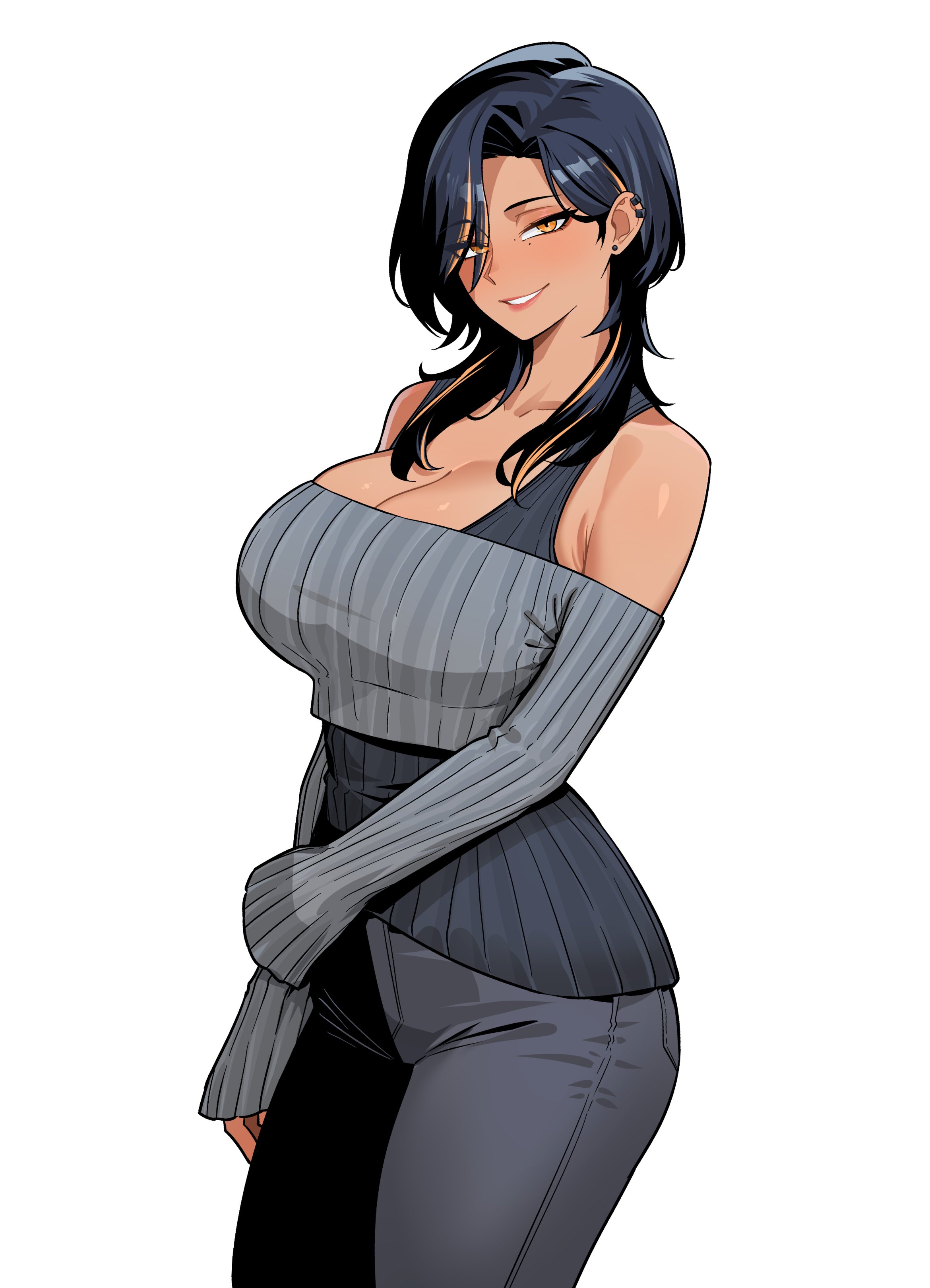 nokaa aru, original, absurdres, highres, 1girl, black hair, black pants, breasts, cleavage, collarbone, earrings, hotaru (nokaa aru), jewelry, long sleeves, multicolored hair, orange eyes, orange hair, pants, smile, solo, streaked hair, tan