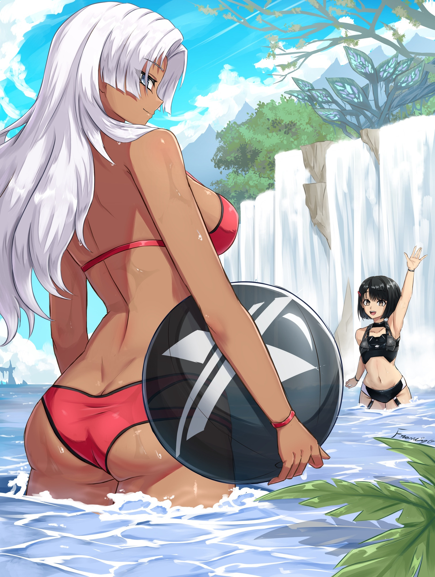 fgsketch, elma (xenoblade x), lin lee koo, nintendo, xenoblade chronicles (series), xenoblade chronicles x, 2girls, ass, ball, beachball, bikini, looking back, multiple girls, swimsuit, water, waterfall, wet