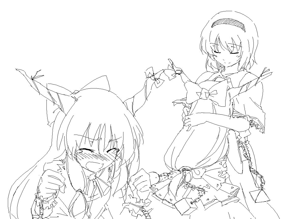 lysander z, alice margatroid, ibuki suika, touhou, 2girls, blush, chain, comic, female focus, greyscale, hairband, horn ornament, horn ribbon, horns, long hair, monochrome, multiple girls, oekaki, oni, ribbon, short hair, tears, white background