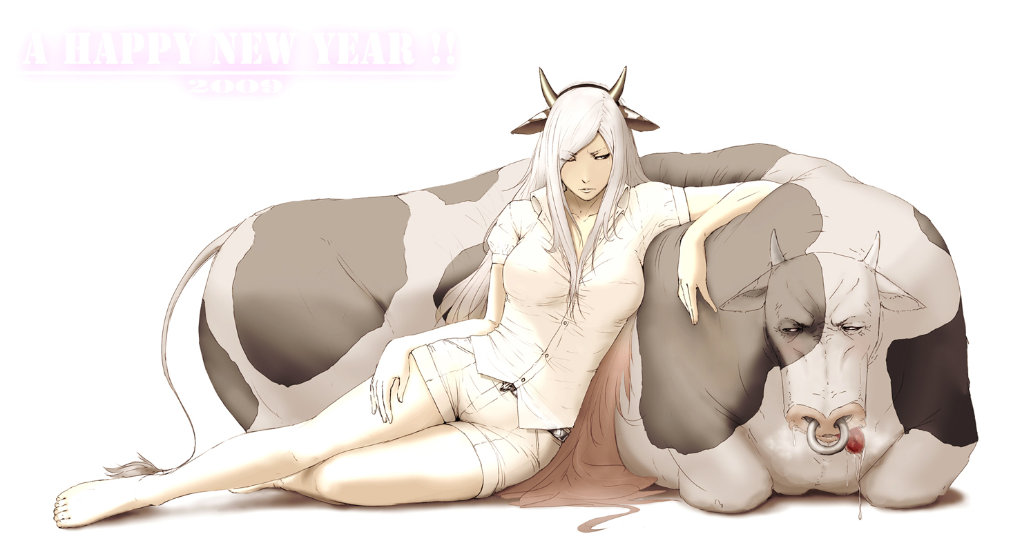 misawa kei, bad id, bad pixiv id, 1girl, animal ears, barefoot, belt, bull, collarbone, cow ears, feet, female focus, horns, long hair, reclining, shorts, solo, very long hair, white hair