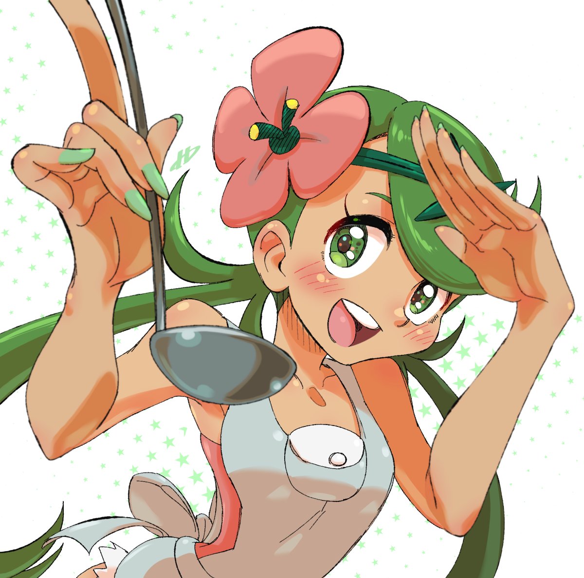 h renah, mallow (pokemon), nintendo, pokemon, pokemon sm, 1girl, bare shoulders, blush, breasts, dark-skinned female, dark skin, flower, green eyes, green hair, hair flower, hair ornament, long hair, looking at viewer, overall shorts, overalls, sleeveless, spoon, teeth, twintails, upper teeth only, very long hair