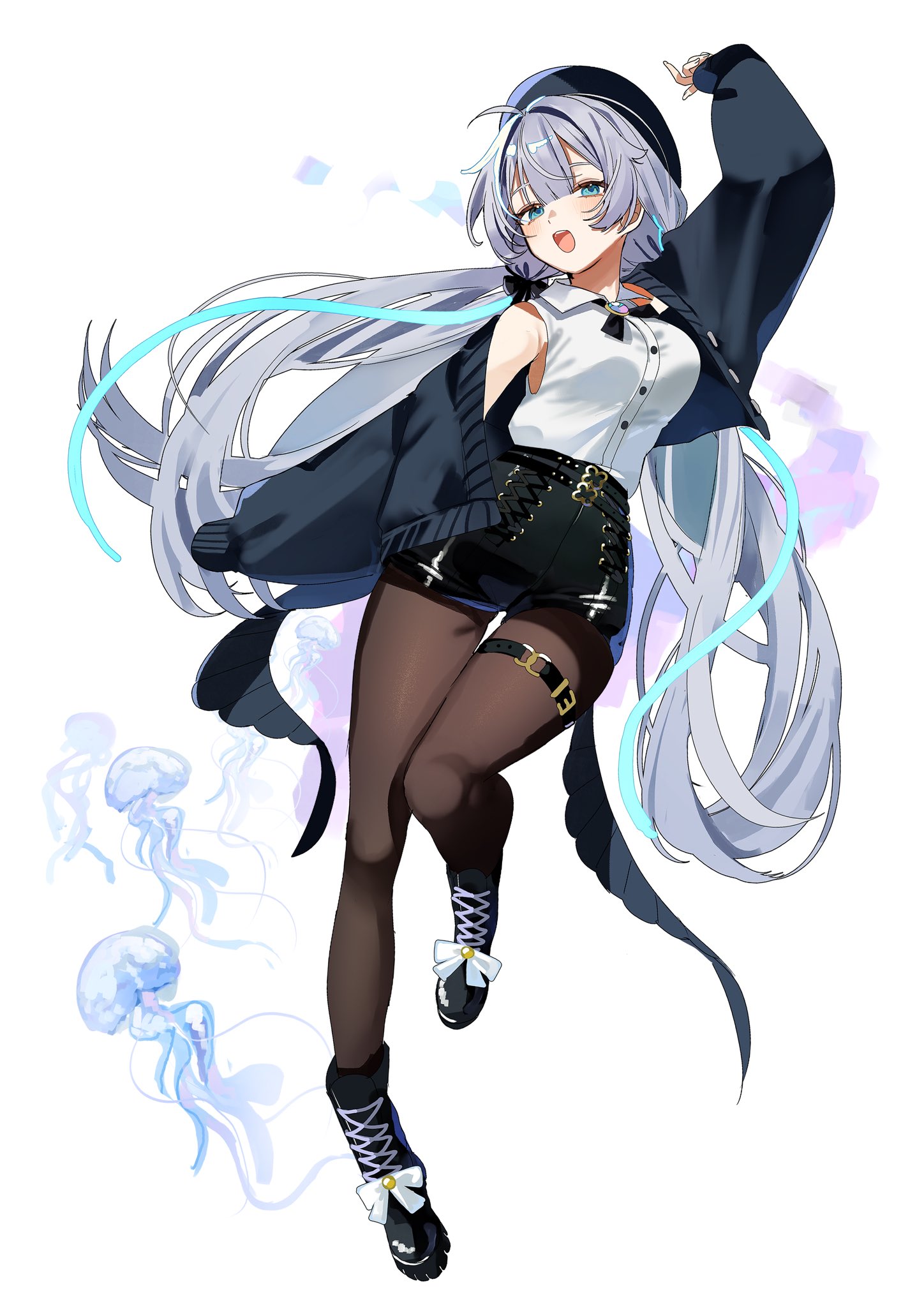deitaku, vrchat, highres, 1girl, black bow, black hat, black pantyhose, black ribbon, blue cardigan, blue eyes, boots, bow, buttons, cardigan, grey hair, hat, jellyfish, lace-up boots, long hair, looking at viewer, low twintails, neck ribbon, open cardigan, open clothes, open mouth, pantyhose, ramune (vrchat), ribbon, shirt, sleeveless, sleeveless shirt, solo, twintails, white background