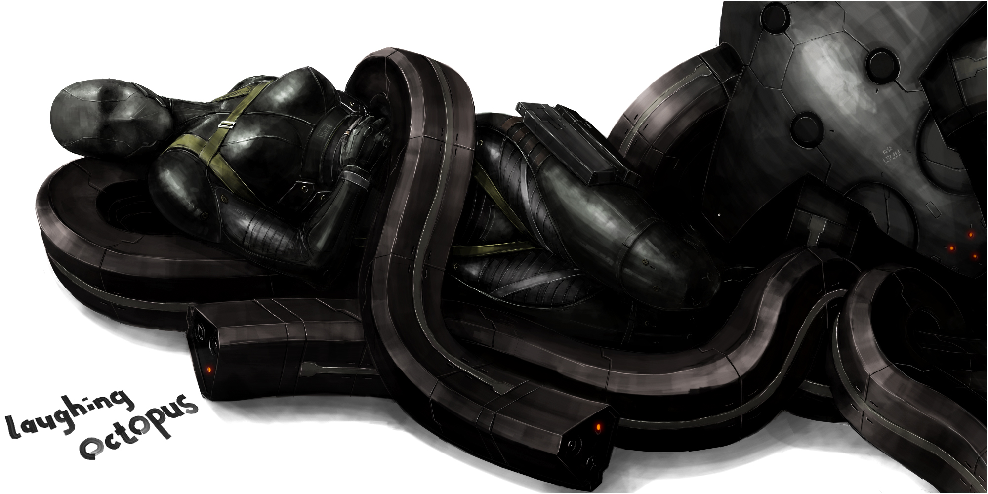 misawa kei, laughing octopus, metal gear (series), metal gear solid, metal gear solid 4: guns of the patriots, bad id, bad pixiv id, highres, long image, wide image, lying, no humans, power suit, tentacles