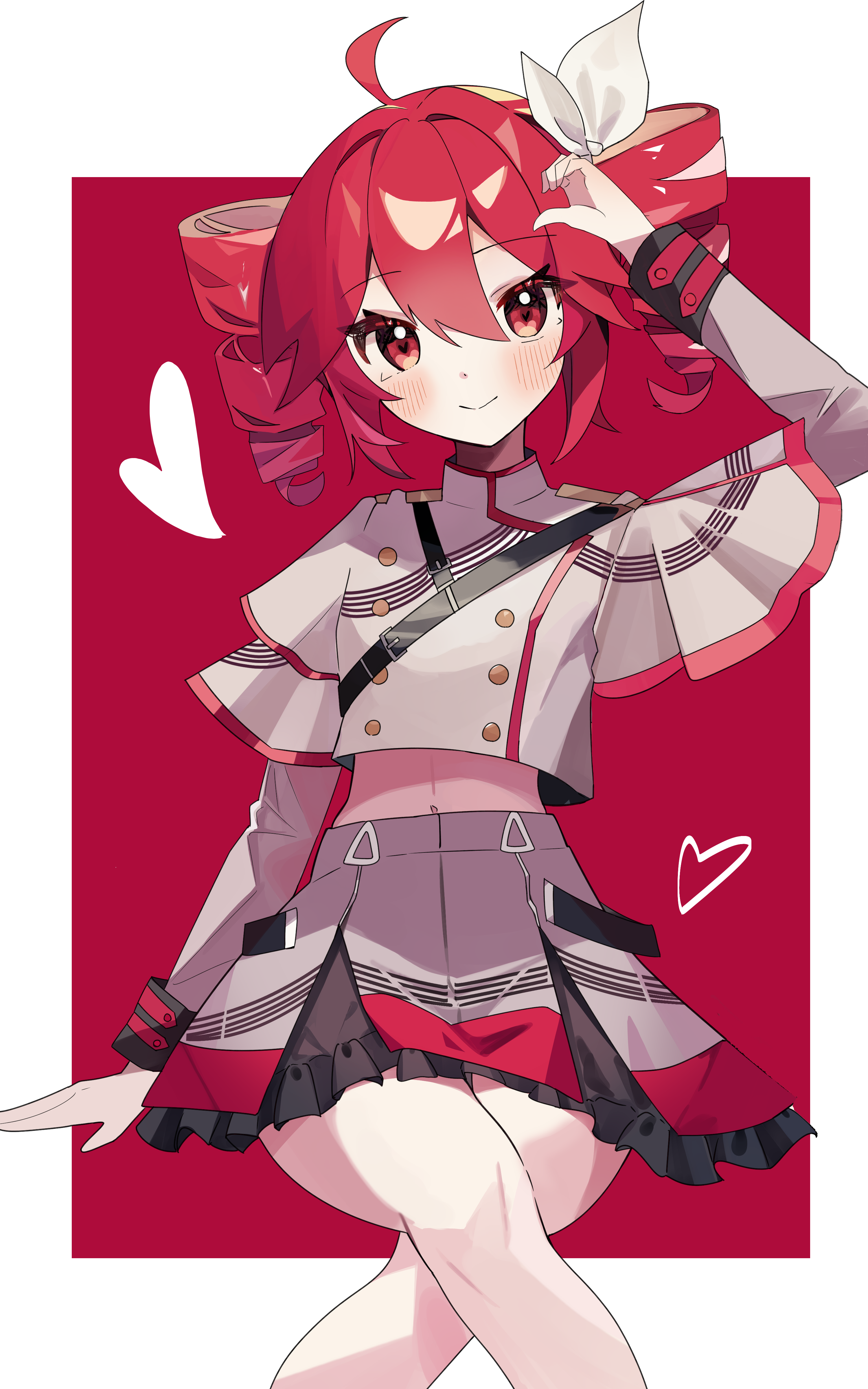 coco irasuto, kasane teto, kasane teto (sv), synthesizer v, utau, absurdres, highres, 1girl, ahoge, belt, black belt, border, bow, double-parted bangs, drill hair, flat chest, grey jacket, grey skirt, hair between eyes, hair bow, hair ribbon, jacket, layered sleeves, long sleeves, midriff peek, navel, red eyes, red hair, ribbon, shoulder belt, shoulder boards, simple background, sitting, skirt, skirt set, solo, striped clothes, striped jacket, twin drills, white border, white bow, white ribbon