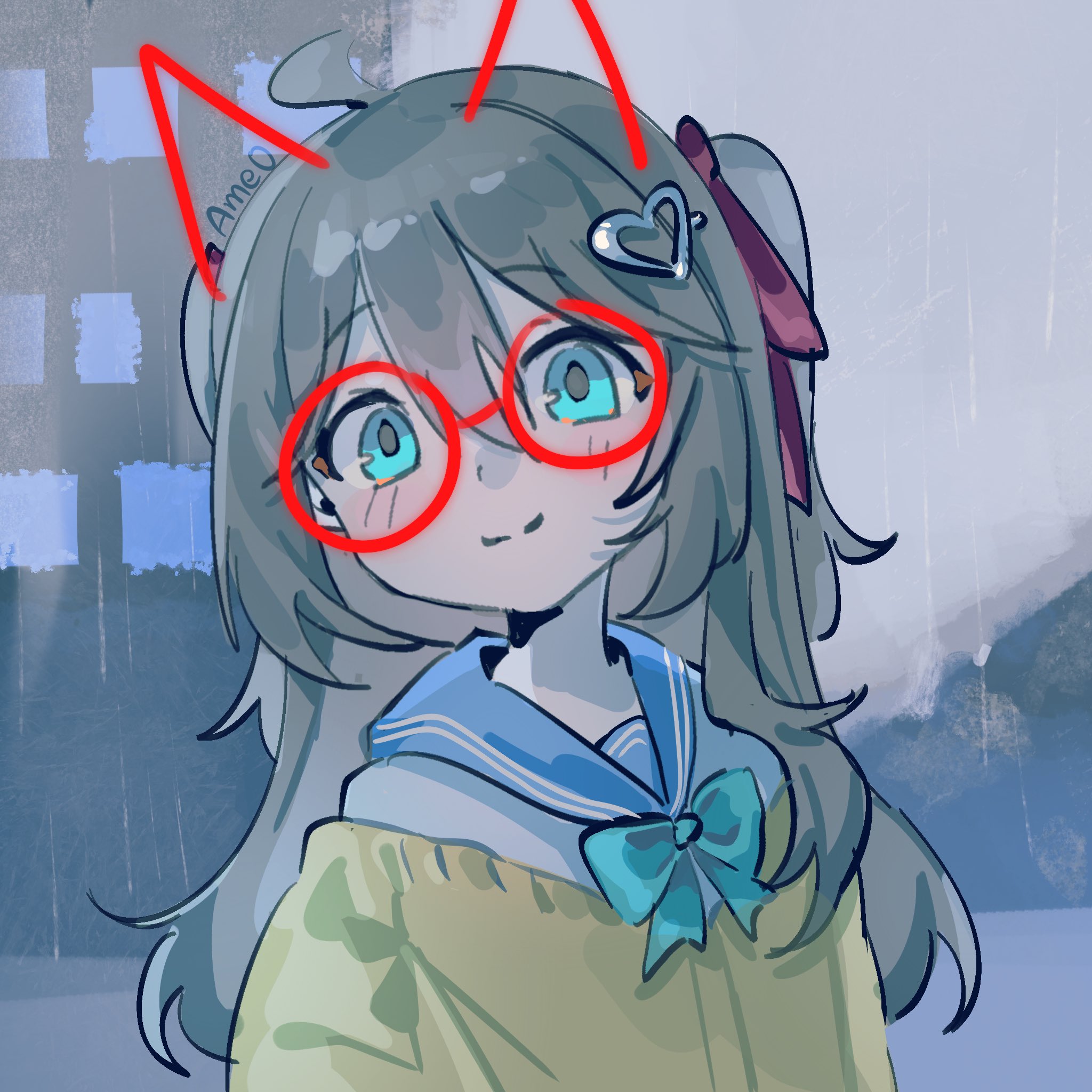 neuro-sama, highres, variant set, 1girl, ahoge, ame0, aqua bow, aqua bowtie, bespectacled, blue eyes, blue sailor collar, blush, bow, bowtie, brown hair, building, cardigan, closed mouth, double-parted bangs, drawn ears, glasses, hair between eyes, hair ornament, hair ribbon, head tilt, heart, heart hair ornament, long hair, off-shoulder cardigan, portrait, rain, red ribbon, ribbon, sailor collar, smile, solo, split mouth, two side up, vedal ai, yellow cardigan