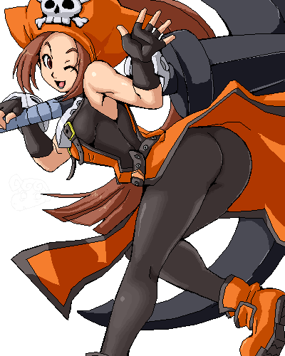 isu, may (guilty gear), arc system works, guilty gear, lowres, 1girl, anchor, ass, breasts, brown eyes, brown hair, female focus, fingerless gloves, from behind, gloves, hat, medium breasts, oekaki, one eye closed, orange hat, orange shirt, pirate hat, shirt, sideboob, smile, solo, when you see it, wink