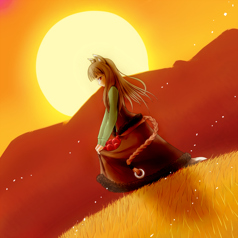 makoto aya, holo, spice and wolf, 00s, 1girl, animal ears, apple, brown hair, dress, female focus, food, fruit, long hair, red eyes, solo, sunset, tail, wheat, wolf ears, wolf tail