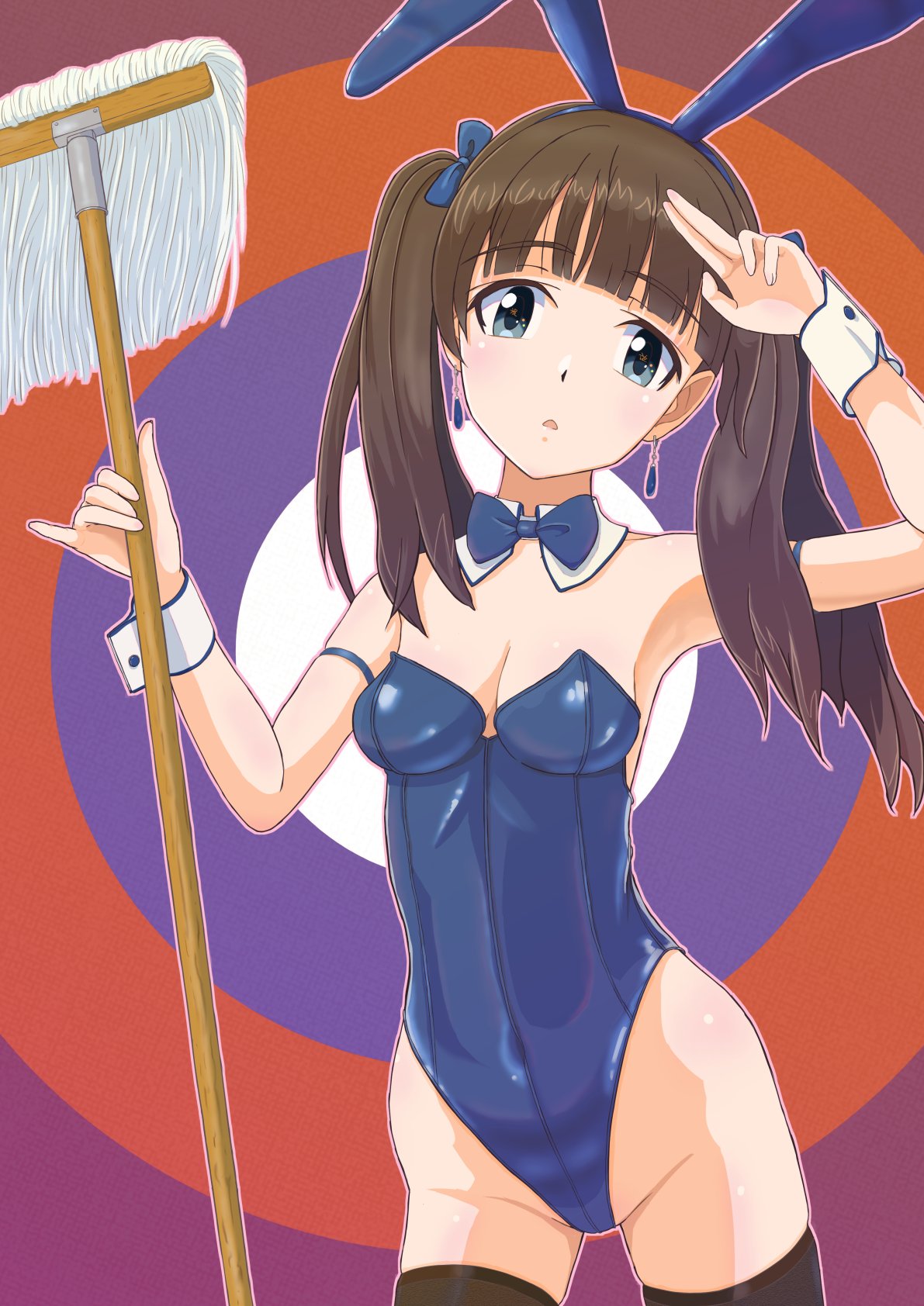 keicha (kmoekaki), georgette lemare, brave witches, world witches series, highres, 1girl, :o, alternate costume, animal ears, black thighhighs, blue eyes, blue leotard, blurry, bow, breasts, brown hair, earrings, fake animal ears, feet out of frame, holding, holding mop, jewelry, leotard, long hair, looking at viewer, mop, playboy bunny, rabbit ears, small breasts, solo, standing, thighhighs, twintails, wrist cuffs
