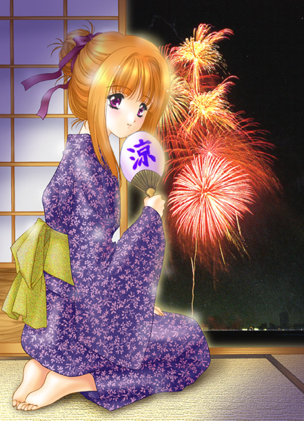 fireworks, japanese clothes, kimono, kneeling, orange hair, ribbon