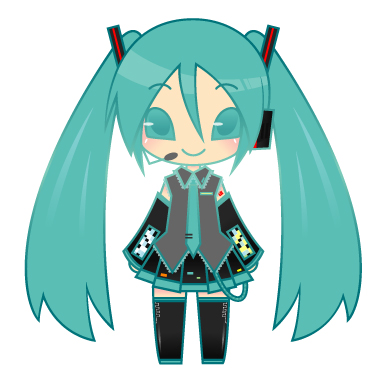 coka, hatsune miku, vocaloid, lowres, 1girl, aqua eyes, aqua hair, chibi, female focus, full body, green eyes, headset, long hair, necktie, simple background, skirt, smile, solo, thighhighs, twintails, white background