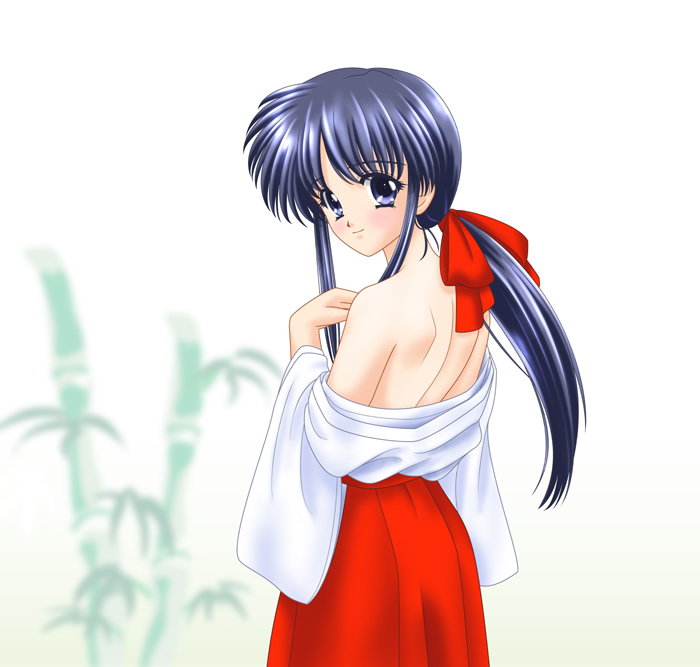 bamboo, blue eyes, blue hair, japanese clothes, miko, ribbon
