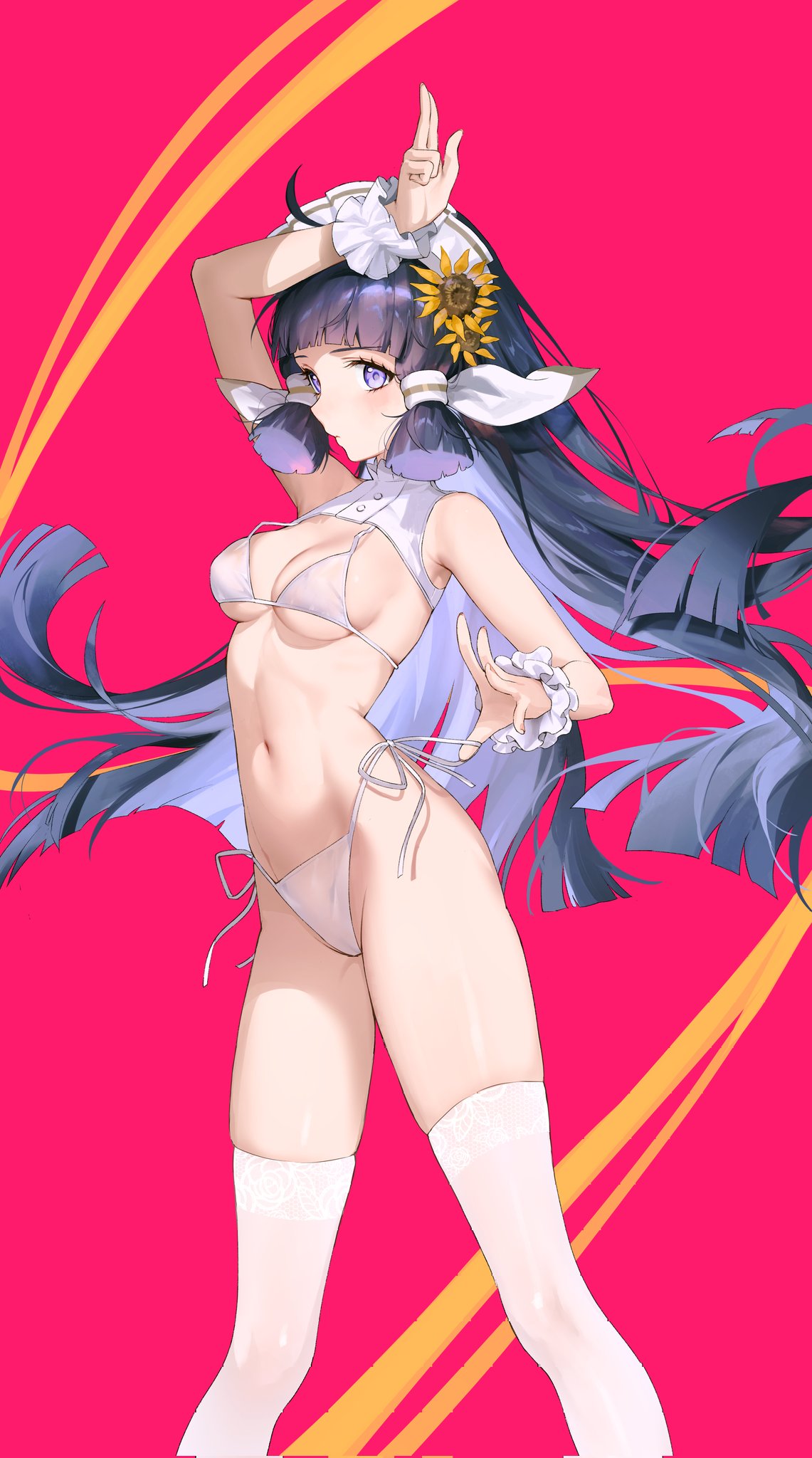 hyojin, nanoha (stella sora), stella sora, corrupted twitter file, highres, 1girl, bikini, breasts, flower, hair flower, hair ornament, headdress, highleg, highleg bikini, long hair, navel, purple eyes, purple hair, side-tie bikini bottom, simple background, solo, string bikini, sunflower, sunflower hair ornament, swimsuit, thighhighs, white bikini, white thighhighs