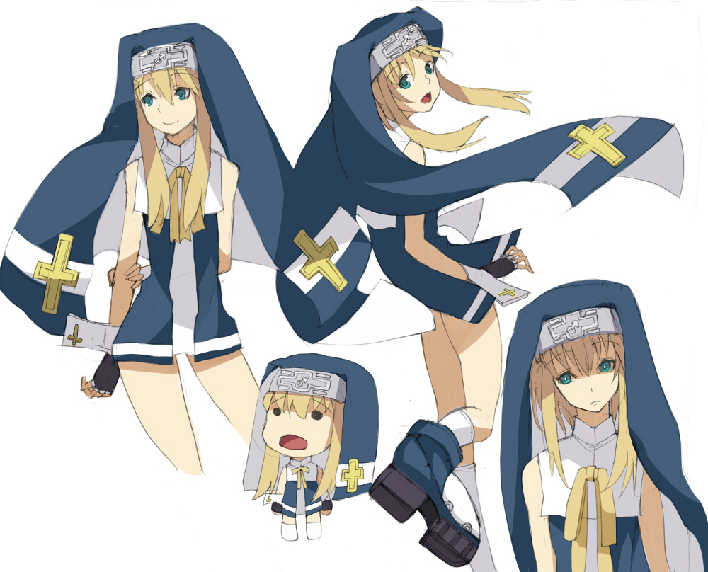 domu, bridget (guilty gear), arc system works, guilty gear, guilty gear xx, bad id, bad pixiv id, 1boy, aqua eyes, blonde hair, boots, chibi, crossdressing, crossdressing (mtf), fingerless gloves, gloves, long hair, male focus, multiple views, simple background, smile, socks, standing, trap, white background