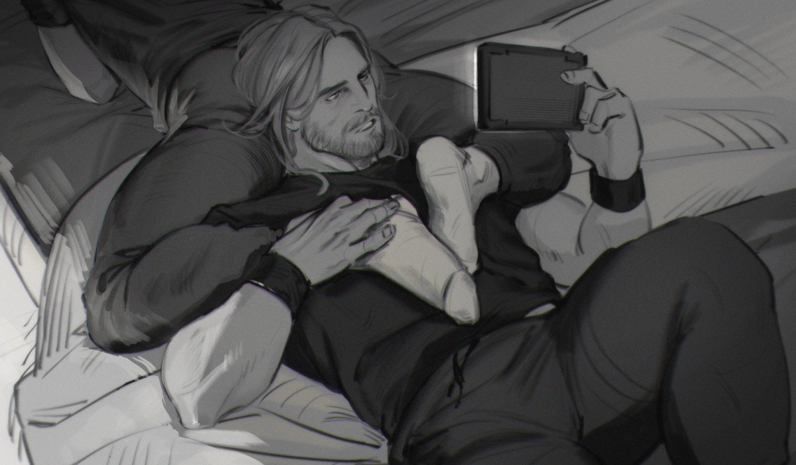 limach-an, peter quill, thor (marvel), guardians of the galaxy, marvel, thor (marvel) (series), commentary, english commentary, highres, 2boys, beard, cellphone, couple, facial hair, greyscale, head on ass, head out of frame, holding, holding phone, knee up, long hair, lying, monochrome, multiple boys, muscular, muscular male, on back, on stomach, pants, parted lips, phone, socks, sweatpants, wristband, yaoi