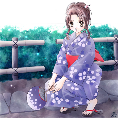 lowres, brown hair, japanese clothes, kimono, ribbon, sandals