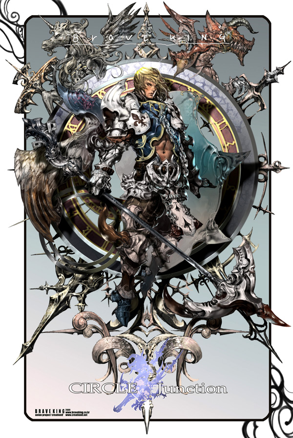 braveking, 1boy, abs, armor, blonde hair, dragon, male focus, navel, polearm, solo, spear, unicorn, weapon, wings, yellow eyes