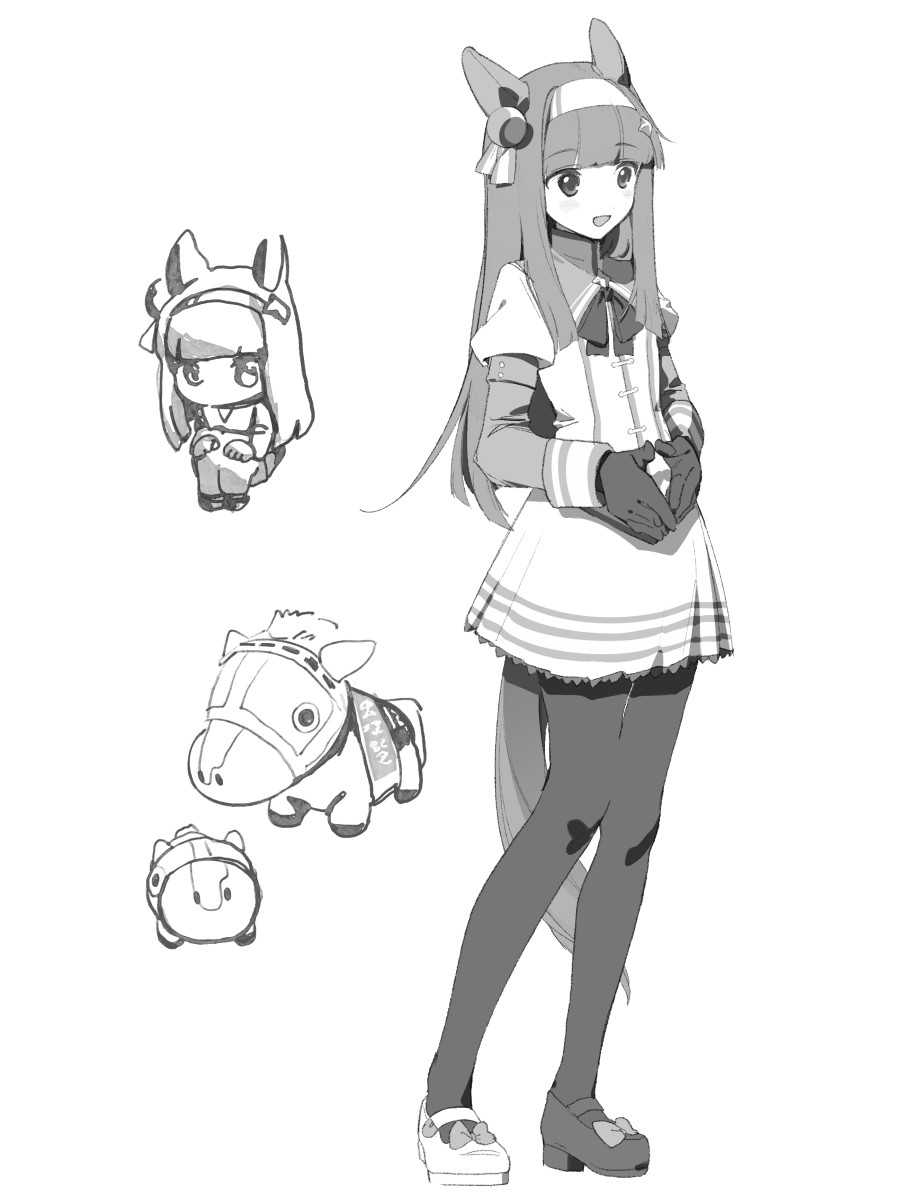 michia (bourgognepony), silence suzuka (umamusume), umamusume, highres, 1girl, animal ears, black pantyhose, blunt bangs, blush, bow, ear bow, ear covers, gloves, hairband, horse ears, horse girl, horse tail, multiple views, open mouth, pantyhose, school uniform, standing, tail, toy horse, tracen school uniform, white background, white hairband