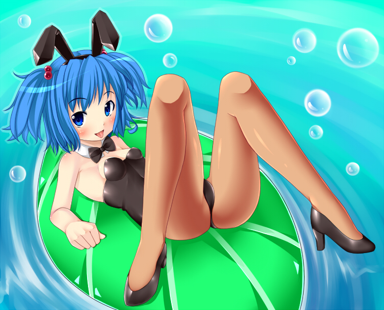 kuro minamo, kawashiro nitori, touhou, bad id, bad pixiv id, 1girl, :p, animal ears, blue eyes, blue hair, breasts, bubble, female focus, high heels, legs, matching hair/eyes, pantyhose, playboy bunny, rabbit ears, shoes, short hair, small breasts, solo, spread legs, tongue, tongue out, twintails, two side up