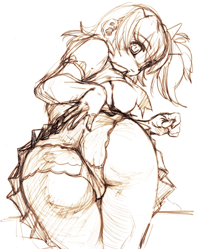 hisahiko, lowres, 1girl, ass, bent over, breasts, clothes lift, female focus, looking back, medium breasts, monochrome, nipples, panties, shirt lift, sketch, skirt, skirt lift, solo, underwear, white background