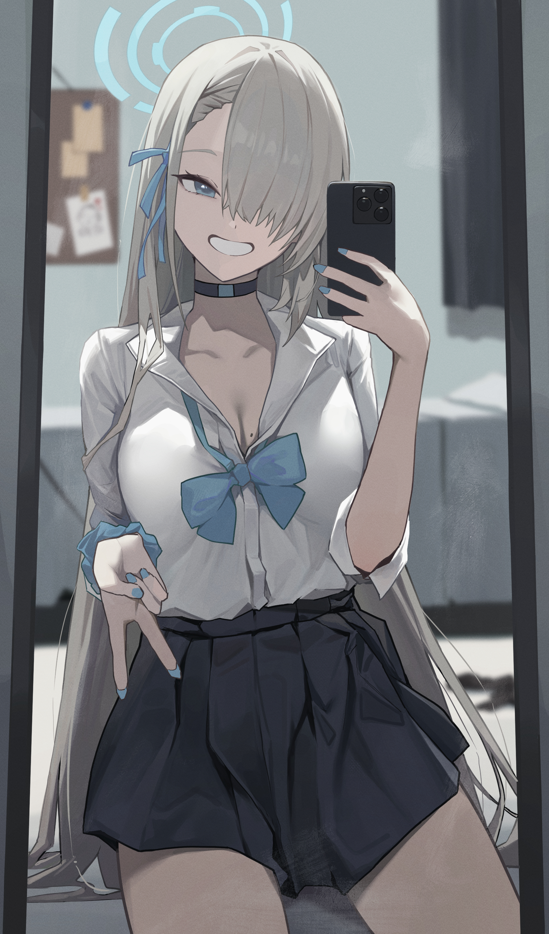 harui (huruyi 817), asuna (blue archive), asuna (school uniform) (blue archive), blue archive, absurdres, highres, 1girl, asymmetrical bangs, blue bow, blue bowtie, blue halo, blue nails, blue ribbon, blue scrunchie, bow, bowtie, breasts, choker, hair over one eye, halo, holding, holding phone, loose bowtie, mirror selfie, mole, mole on breast, phone, ribbon, school uniform, scrunchie, selfie, sleeves rolled up, smile, v, wrist scrunchie