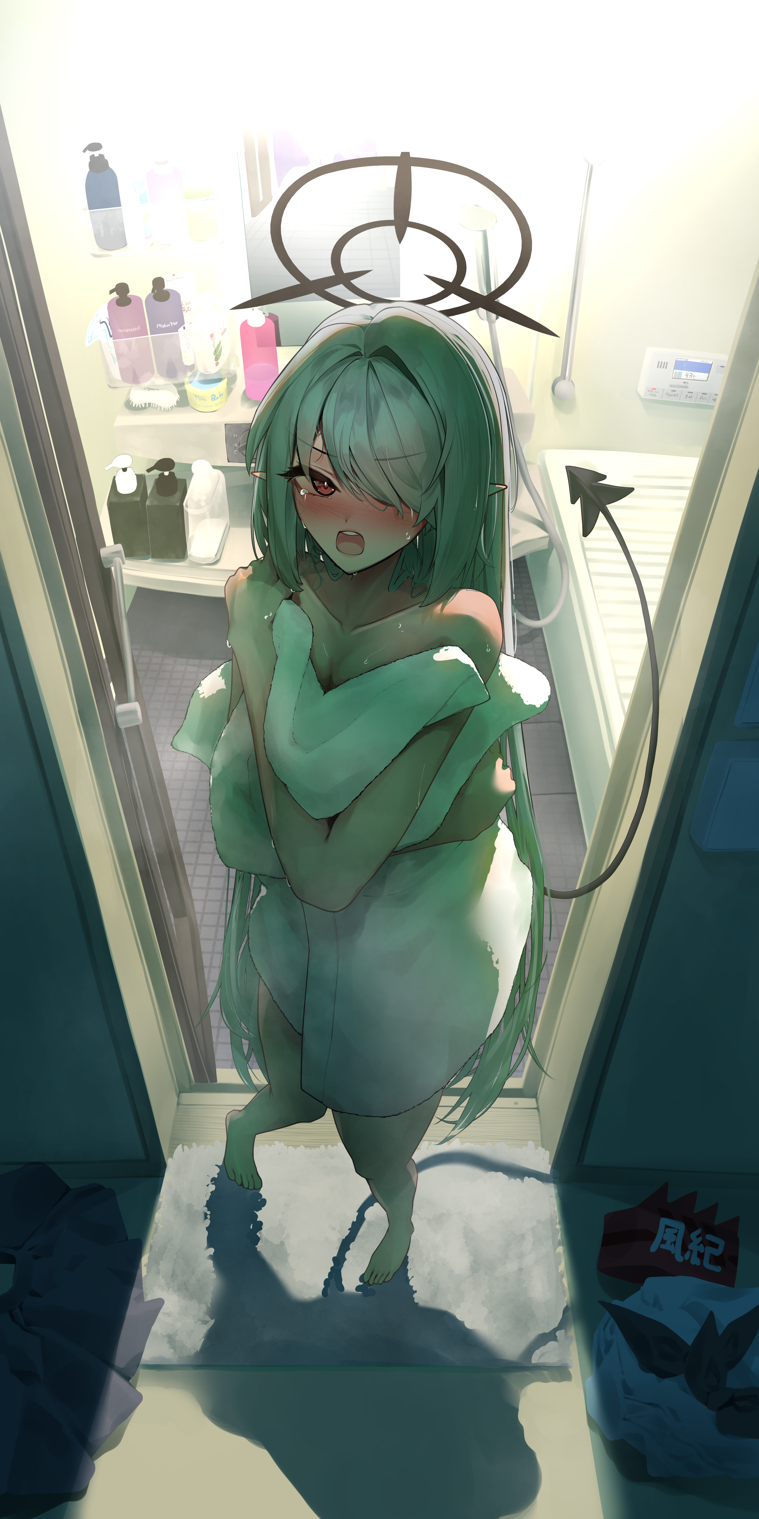 shumai il, iori (blue archive), blue archive, absurdres, commentary, highres, 1girl, after bathing, alternate hairstyle, armband, bath, bathroom, black skirt, breasts, dark-skinned female, dark skin, full body, grey hair, hair down, hair over one eye, halo, holding, holding towel, long hair, mirror, naked towel, open mouth, pleated skirt, pointy ears, red eyes, shampoo bottle, shirt, sink, skirt, soap bottle, tail, towel, unworn armband, unworn shirt, unworn skirt, very long hair, wet, wet hair, white shirt