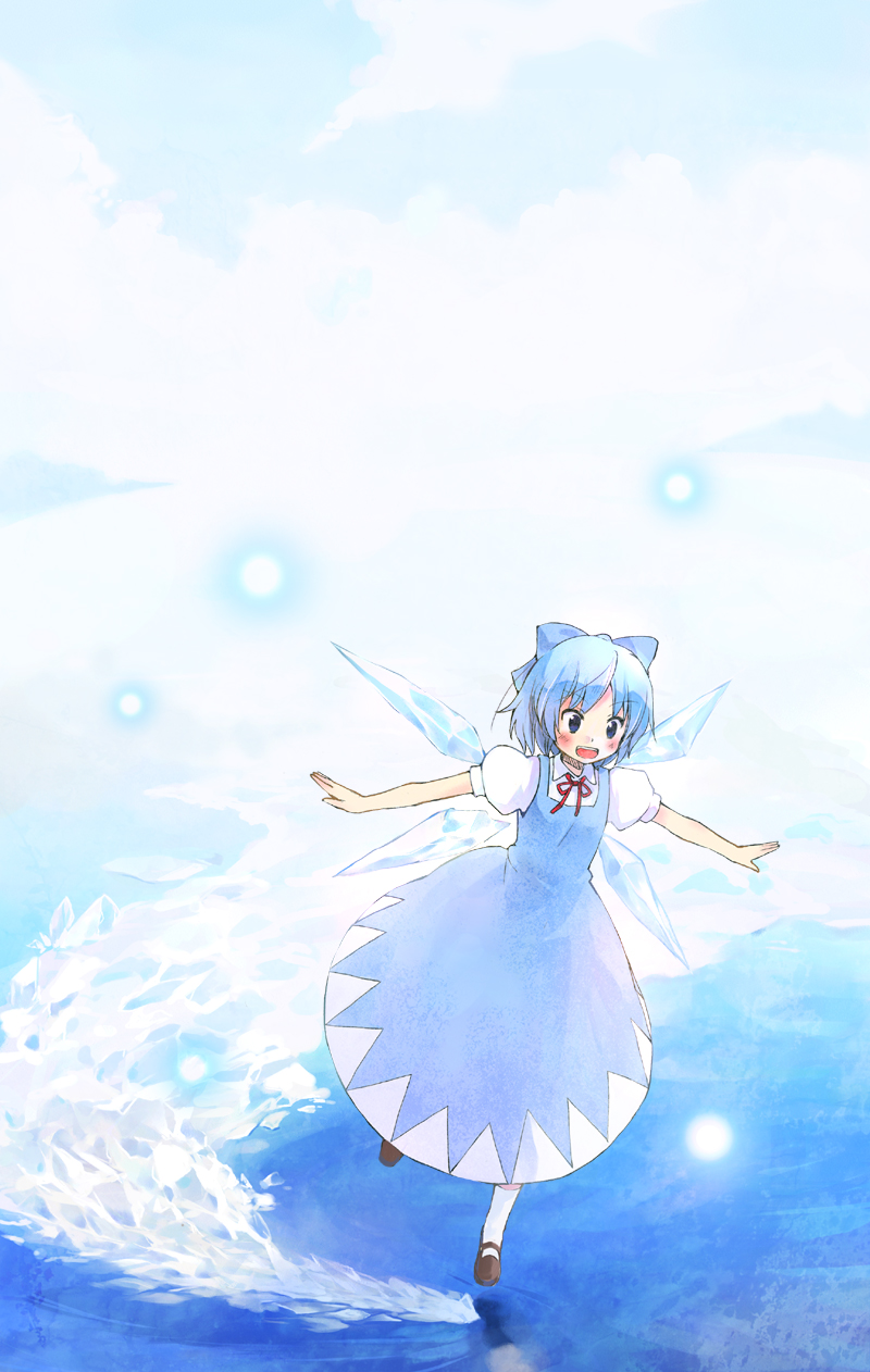 nonaka yuu, cirno, embodiment of scarlet devil, touhou, highres, md5 mismatch, resolution mismatch, source smaller, 1girl, blouse, blue background, blue theme, brown shoes, collared shirt, dress, female focus, full body, ice, outdoors, pinafore dress, shirt, shoes, sky, sleeveless, sleeveless dress, socks, solo, water, white shirt, white socks