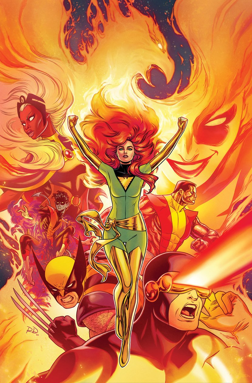 russell dauterman, colossus (x-men), cyclops (x-men), jean grey, nightcrawler, phoenix (x-men), scott summers, storm (x-men), wolverine (x-men), marvel, x-men, comic cover, commentary, english commentary, highres, official art, 2girls, 4boys, arm hair, arms up, black leotard, blue hair, blue skin, bodysuit, boots, cheekbones, claws, clenched teeth, colored skin, covered abs, cowl, demon tail, dual persona, elbow gloves, fire, floating hair, gloves, gold boots, gold gloves, green bodysuit, grin, husband and wife, initial, leotard, long hair, multiple boys, multiple girls, muscular, muscular male, o-ring leotard, open mouth, pointy ears, red hair, sash, short hair, smile, superhero costume, tail, teeth, thigh boots, white hair, yellow sash