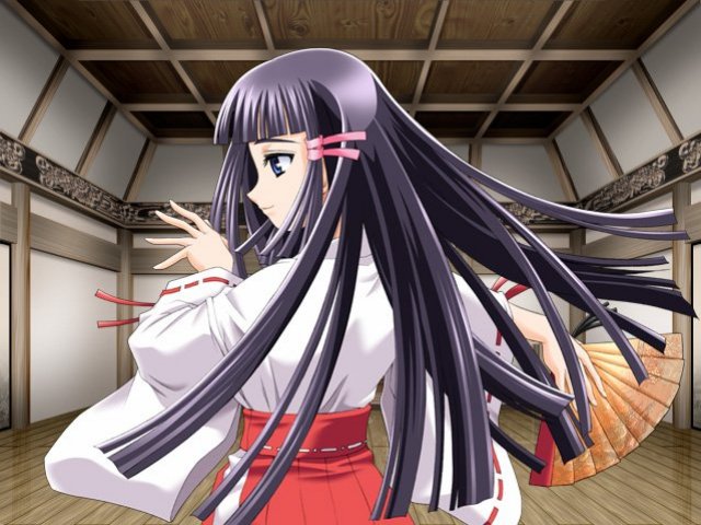 japanese clothes, miko, purple eyes, purple hair, ribbon