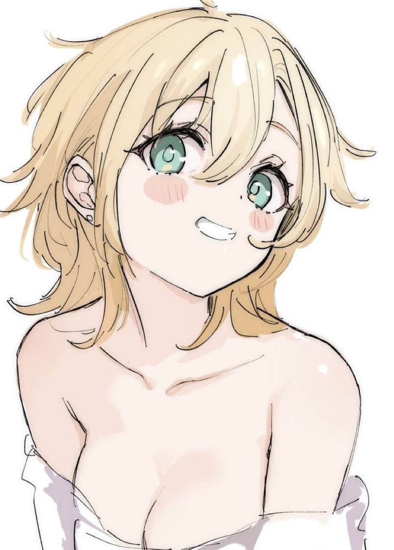 ukitamilk, original, commentary request, 1girl, :d, bare shoulders, blonde hair, blush stickers, breasts, childhood friend (ukitamilk), cleavage, collarbone, earrings, green eyes, hair between eyes, head tilt, jewelry, large breasts, looking at viewer, open mouth, shirt, short hair, sidelocks, simple background, smile, solo, white background, white shirt
