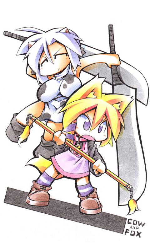 uccow, original, striped, 2girls, animal ears, animal print, blonde hair, chibi, cow ears, cow girl, cow print, cow tail, dual wielding, fox ears, fox tail, holding, horns, multiple girls, socks, staff, sword, tail, weapon, white hair