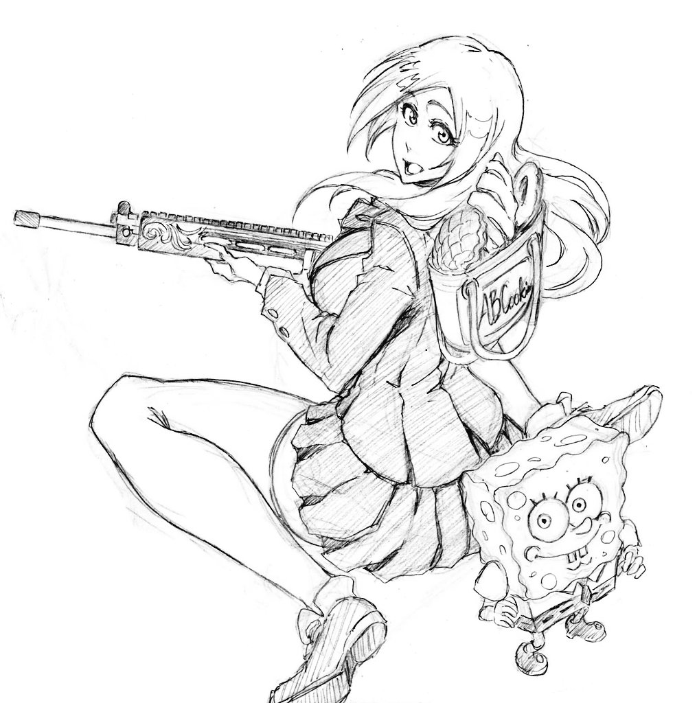 rakusakugk, inoue orihime, spongebob squarepants, bleach, fortnite, spongebob squarepants (series), 1boy, 1girl, assault rifle, backpack, bag, bread, fn scar, food, gun, looking at viewer, rifle, school uniform, weapon