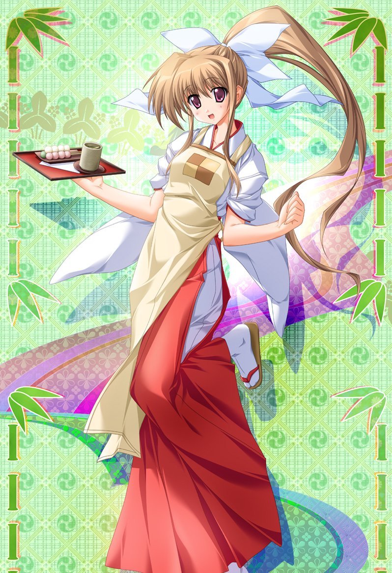 apron, brown hair, japanese clothes, miko, pink eyes, ribbon