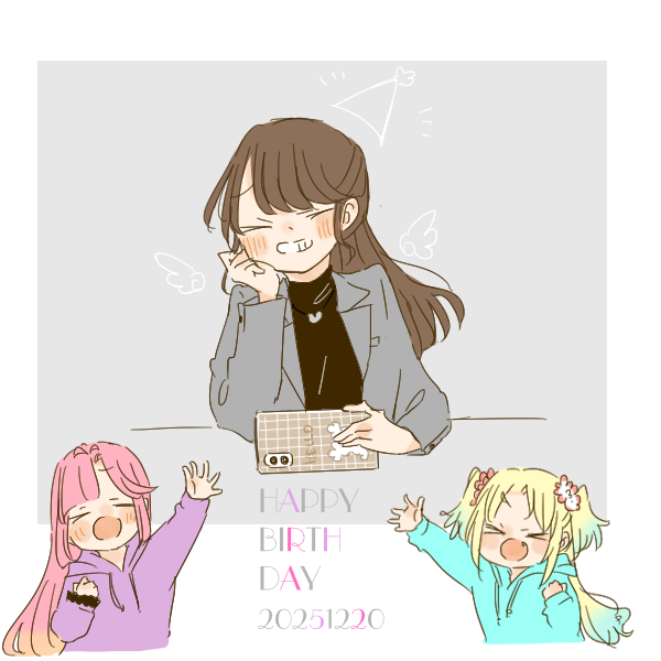 kase (ks lys), anyoji hime, anyoji hime (winter loungewear), fujishima megumi, fujishima megumi (post-graduation), osawa rurino, osawa rurino (winter loungewear), link! like! love live!, love live!, commentary request, 3girls, black sweater, blonde hair, blue hoodie, blush, brown hair, cellphone, closed eyes, dated, facing viewer, flower, gradient hair, grey background, grey jacket, grin, hair flower, hair ornament, happy birthday, holding, holding phone, hood, hoodie, iphone, jacket, long hair, multicolored hair, multiple girls, official alternate costume, open clothes, open jacket, outside border, parted bangs, phone, pink flower, pink hair, ponytail, purple hoodie, smartphone, smile, suit jacket, sweater, turtleneck, turtleneck sweater, twintails, virtual youtuber