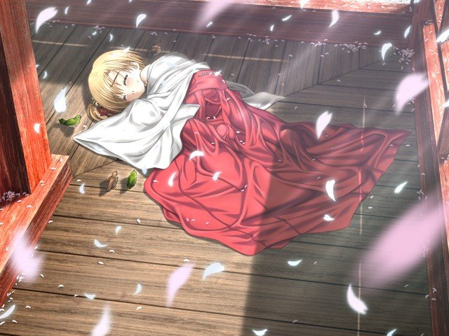 tagme, bird, blonde hair, cherry blossoms, japanese clothes, miko, petals, sleeping
